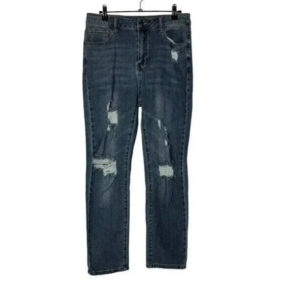 Grace & Lace Denim - Grace & Lace Dark Blue Distressed Straight Leg Jeans 6